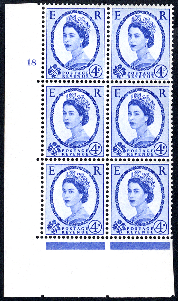 1958 Wilding 4d Crowns, white paper, Perf Type A, Cyl. 18 - block of six