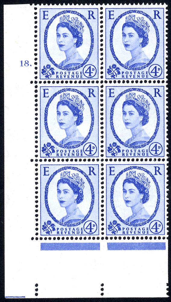 1958 Wilding 4d Crowns, white paper, Perf Type A, Cyl. 18 dot - block of six