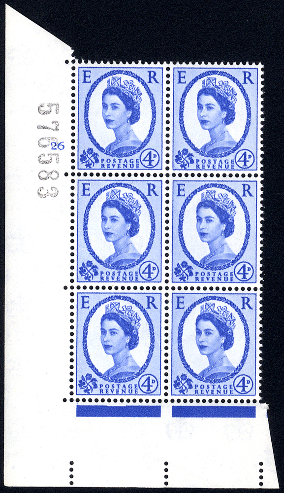 1958 Wilding 4d Crowns, white paper, Perf Type A, Cyl. 26 - block of six