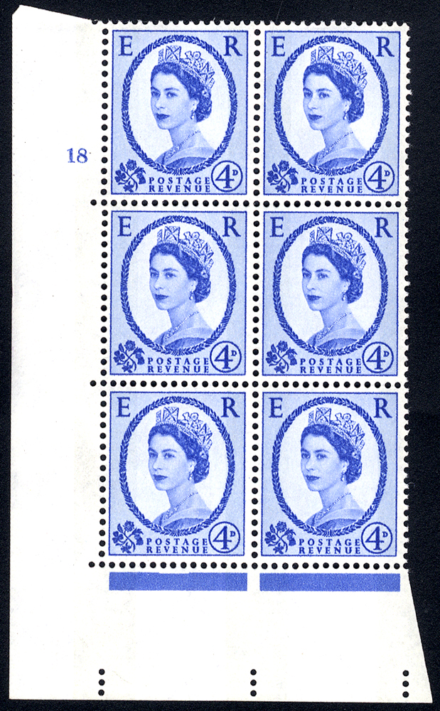1967 Wilding 4d Crowns, violet phosphor, white paper, Perf Type A, Cyl. 18 - block of six