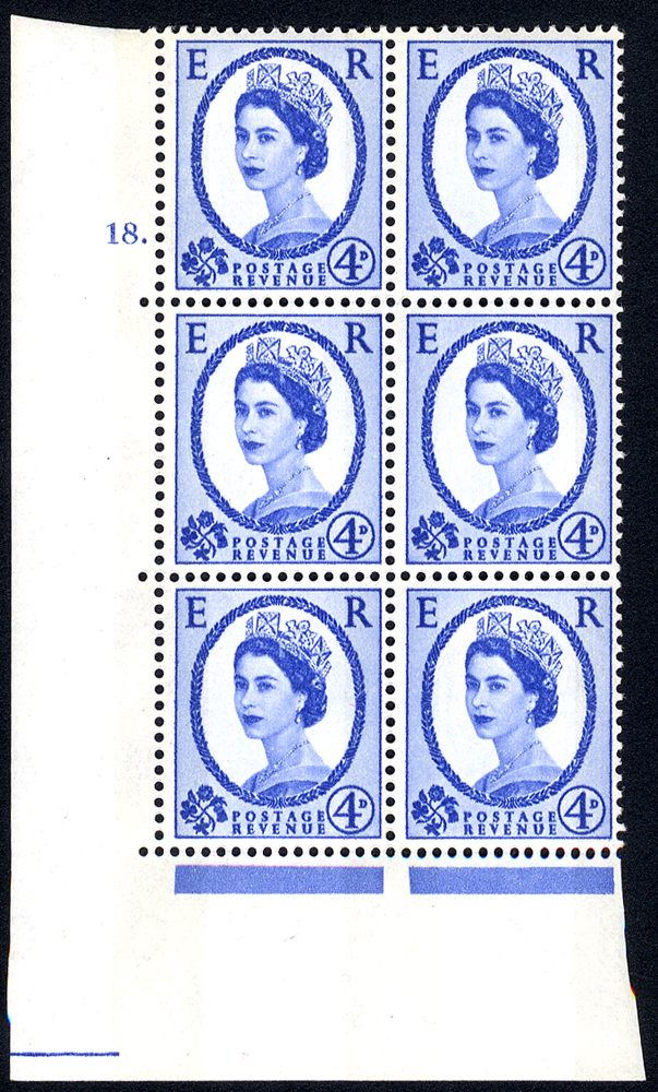 1967 Wilding 4d Crowns, violet phosphor, white paper, Perf Type A, Cyl. 18 dot - block of six