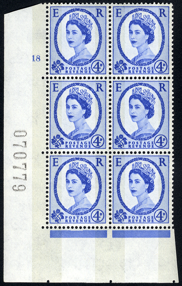 1967 Wilding 4d Crowns, violet phosphor, Perf Type A, Cyl. 18 - block of six