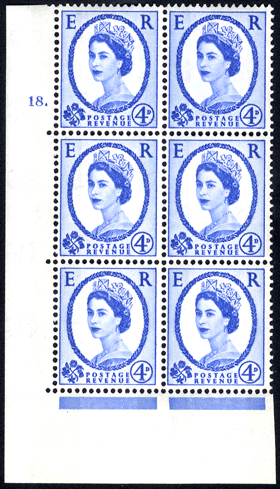 1967 Wilding 4d Crowns, violet phosphor, Perf Type A, Cyl. 18 dot - block of six