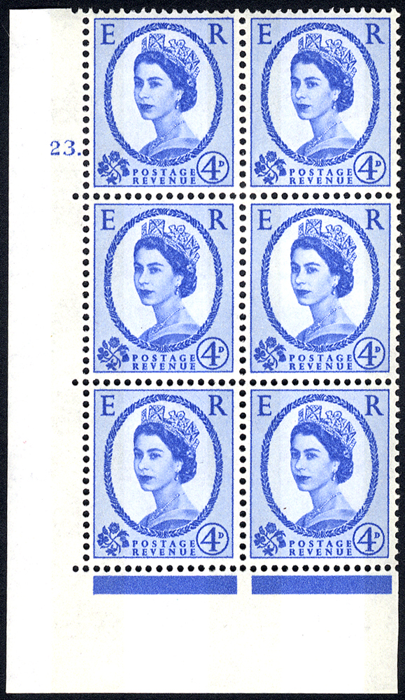 1967 Wilding 4d Crowns, violet phosphor, Perf Type A, Cyl. 23 dot - block of six