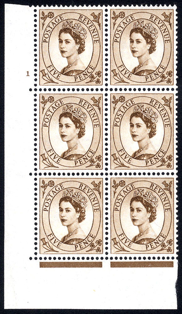 1958 Wilding 5d Crowns, white paper, Perf Type A, Cyl. 1 - block of six