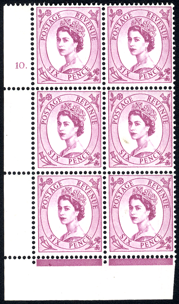 1961 Wilding 6d Crowns, violet phosphor, white paper, Perf Type F(L), Cyl. 10 dot - block of six