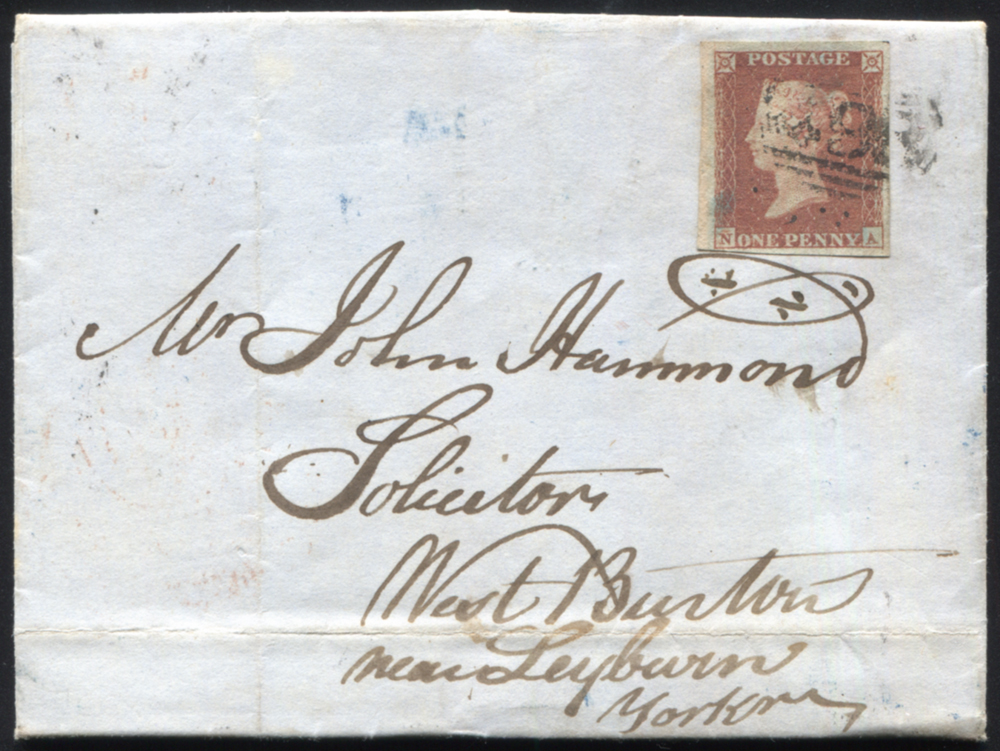 1850 1d red-brown (NA) on entire from Manchester to Leyburn, cancelled by the '498' numeral