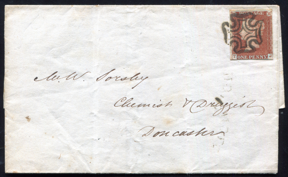 1843 1d red-brown Pl.27 (TJ) on cover, Ipswich to Doncaster