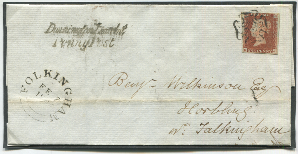 1842 Feb 6th cover from Spalding to Horbling nr Folkingham, franked red from black Plate 11 KJ