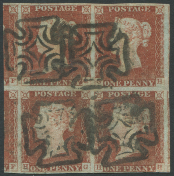 1841 1d red-brown - Plate 34 GG/HH block of four
