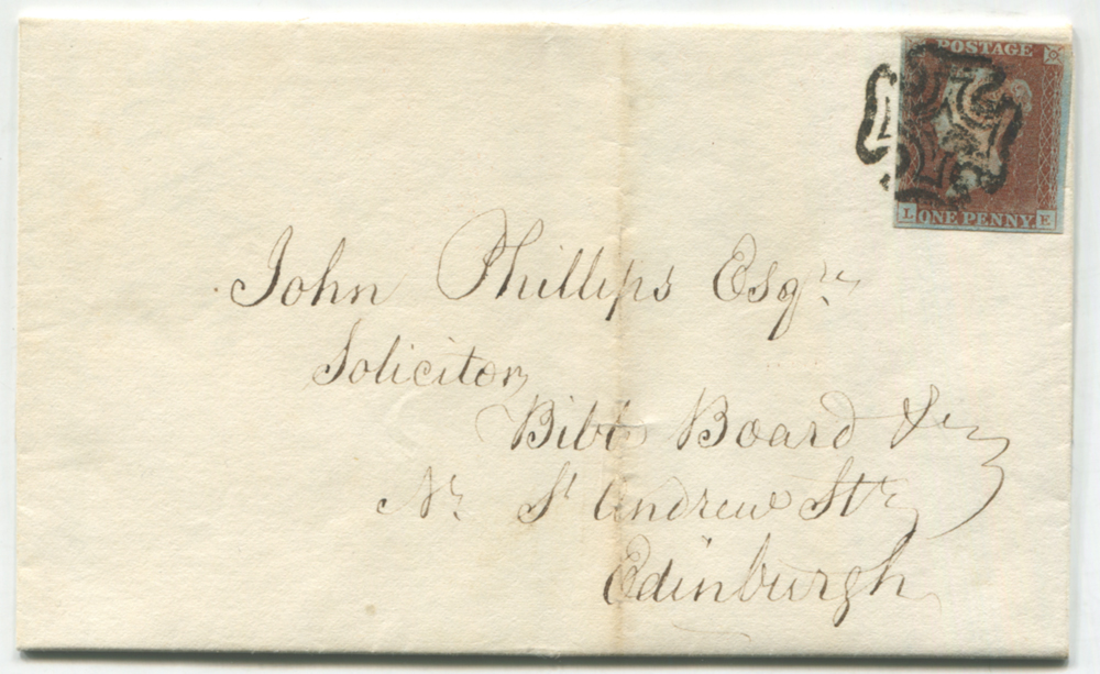 1841 Dec cover from Glasgow to Edinburgh, franked Plate 10 LE
