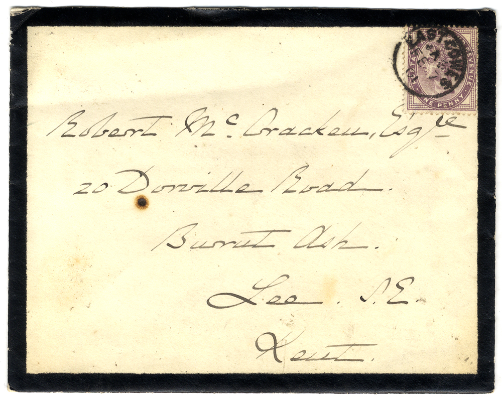 1901 black border mourning envelope to Lee, Kent, back flap printed 'Crown/Royal Yacht' franked 1d lilac