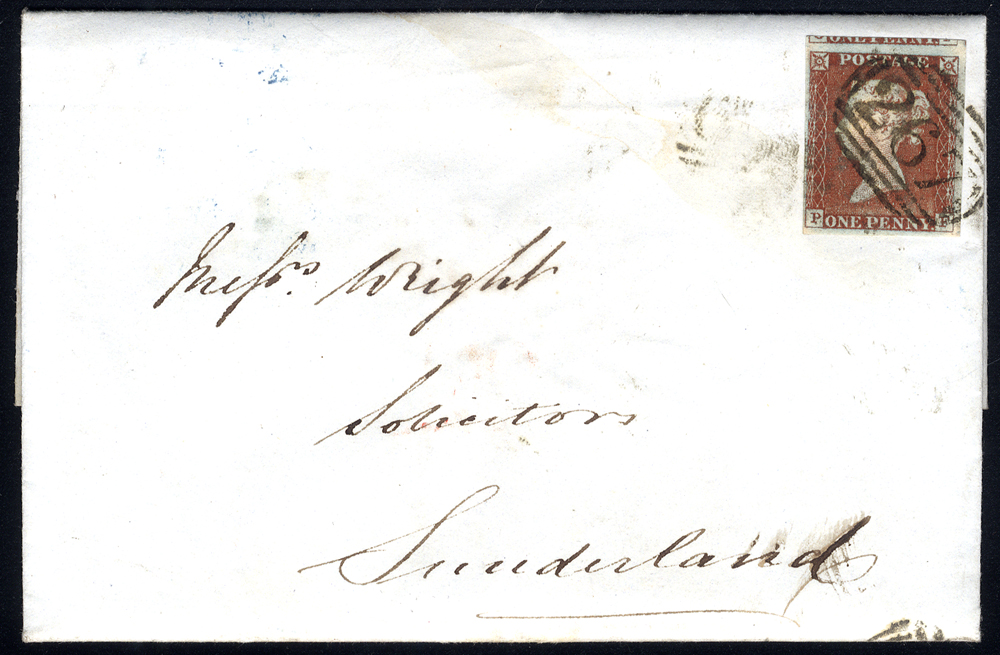 1845 entire letter from Durham to Sunderland, franked 1d red-brown