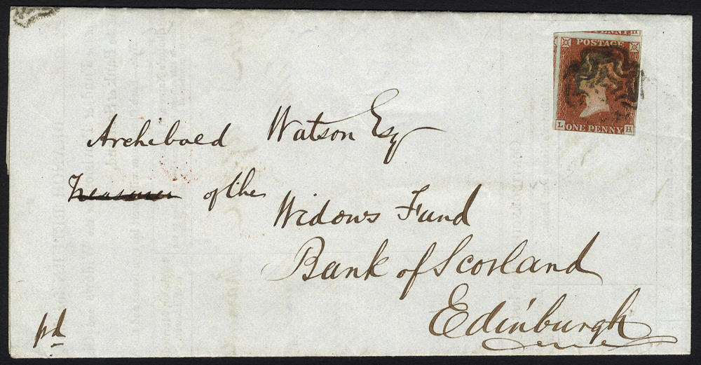1844 Bank of Scotland branch return form Kilmarnock to Edinburgh, franked 1841 1d red Pl.35 LH