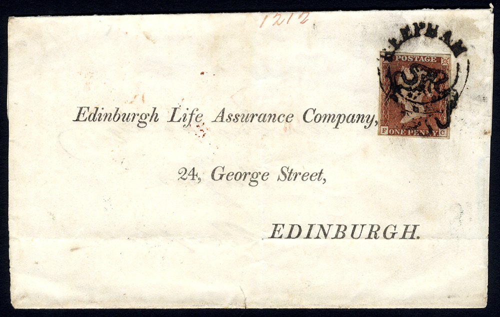 1842 1d red-brown FC on cover Norfolk to Edinburgh