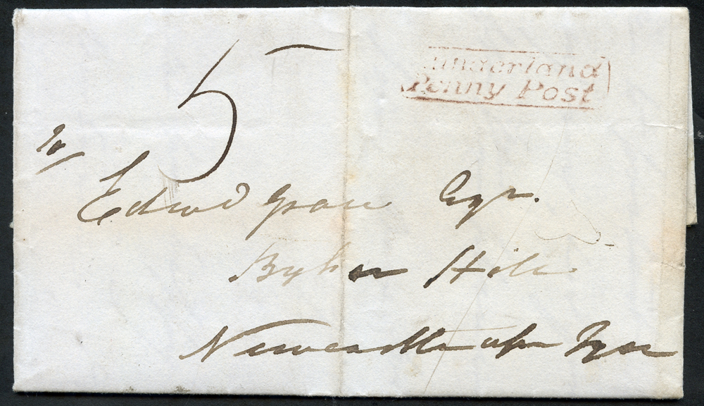 1834 entire letter from Sunderland to Newcastle upon Tyne