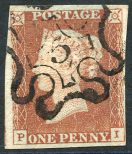 1841 1d red brown PI, Cat. £180