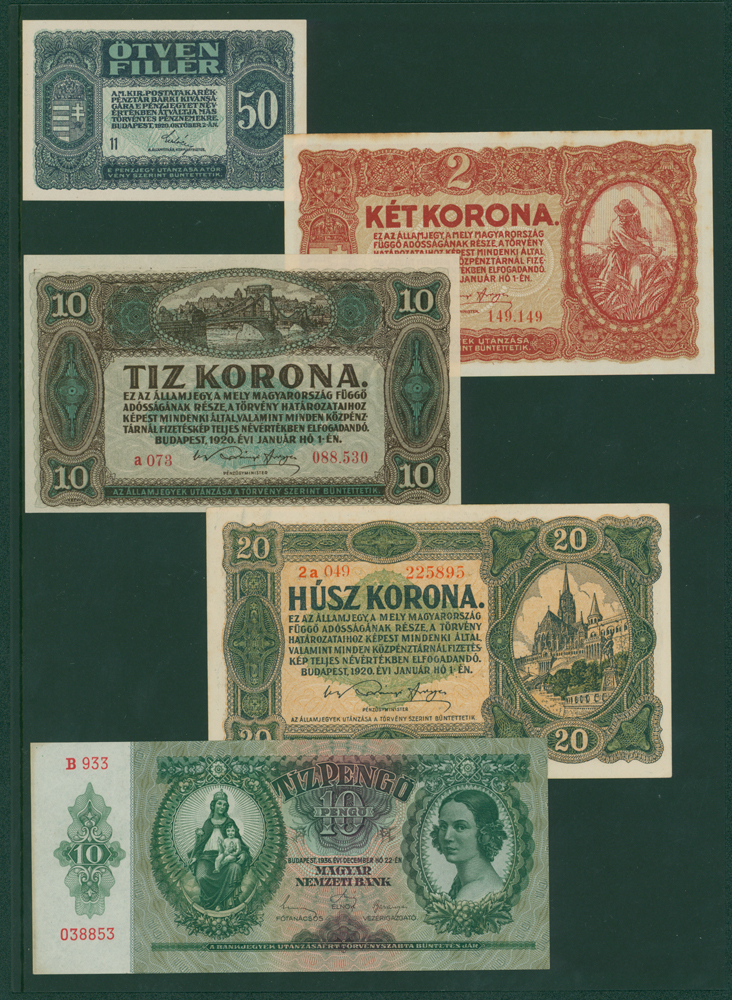 Hungary 1920 50 filler, 2 korona, 10 korona, 20 korona & 1936 10 pengo (4 notes)