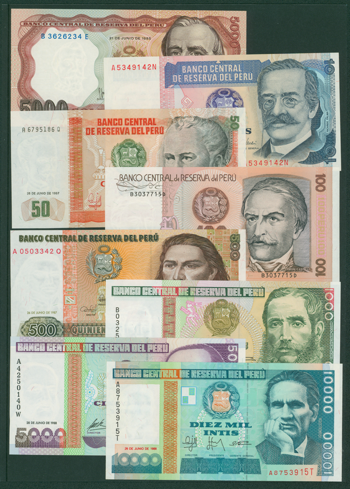 Peru 1985 5000 soles, 10 intis, 50 intis, 100 intis, 500 intis, 1000 intis, 5000 intis, 10,000 intis