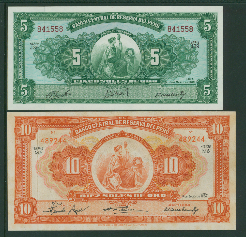 Peru 1960 5 soles, 1956 10 soles