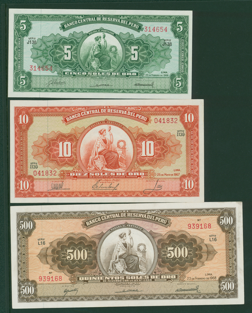 Peru 1968 5 soles, 1967 10 soles, 1968 500 soles