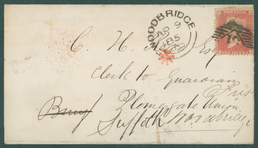 1858 wrapper franked 1d stars from Woodbridge to Bury