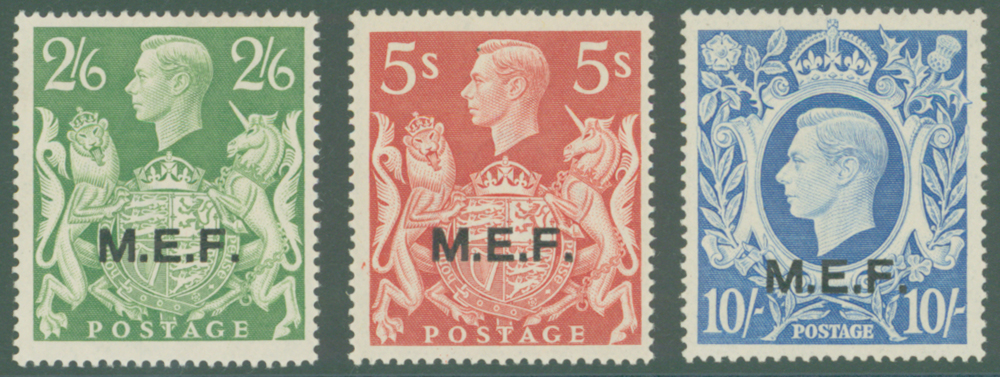 MIDDLE EAST FORCES 1943 high values 2/6d, 5s & 10s