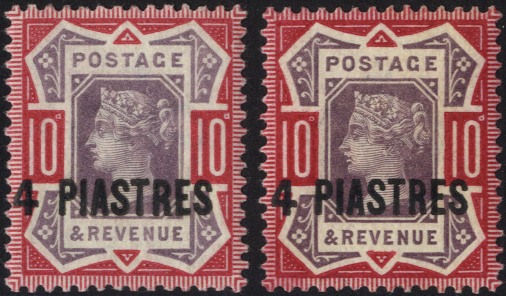1887-96 4pi on 10d dull purple and carmine and 4pi on 10d dull purple and deep bright carmine
