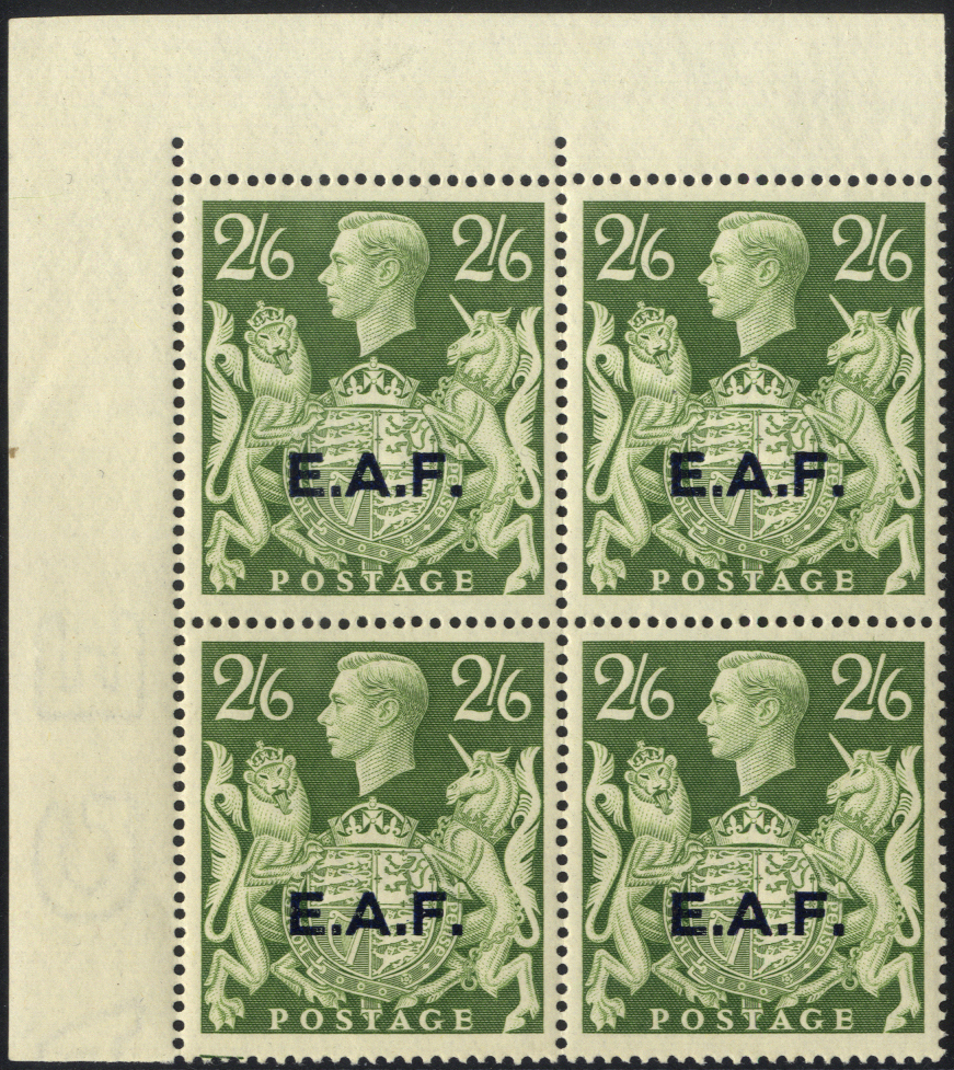 1943-47 EAF 2s 6d yellow-green, upper left corner block of 4