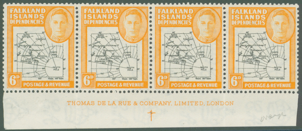 1946-49 thick map, 6d black and orange in bottom marginal strip of four