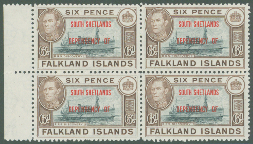 South Shetlands: 6d black and brown in block of 4