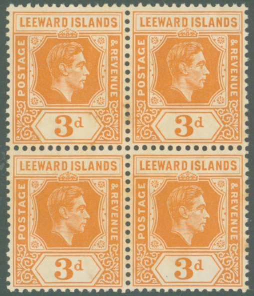 1938 3d orange on chalky paper, UM, block of four