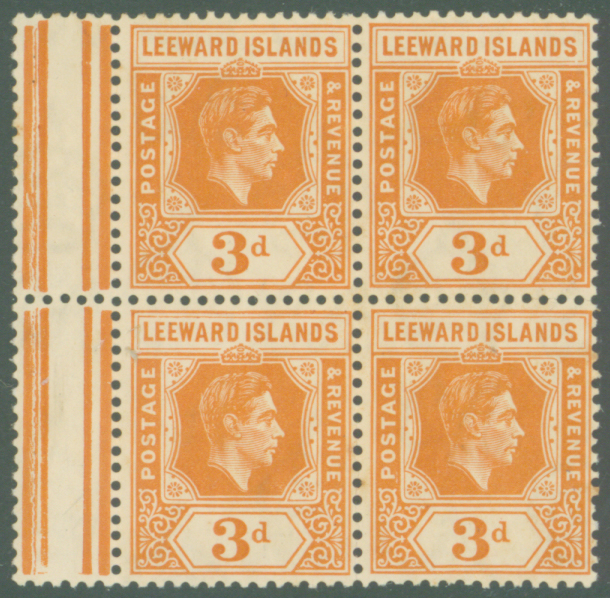 1938 3d orange on chalky paper, UM, marginal block of four
