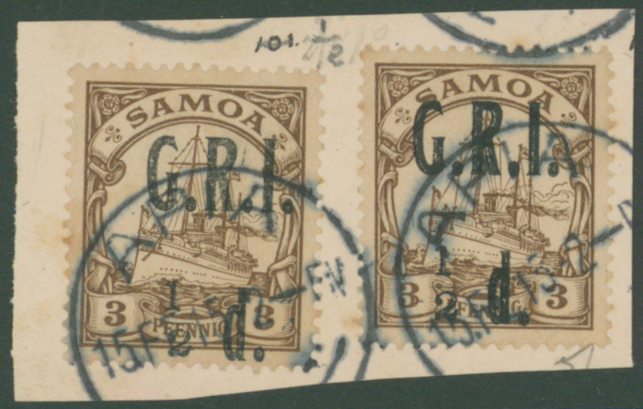 1914 German Colonia Yacht issue surcharged &frac12;d on 3pf SG 101 & 101d, Cat. £60