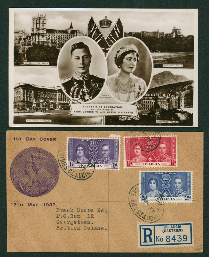1937 Coronation illustrated registered FDC accompanied by a Coronation souvenir postcard.