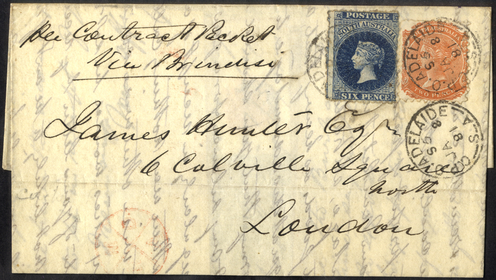 South Australia 1871 envelope addressed to London bearing 6d and 2d