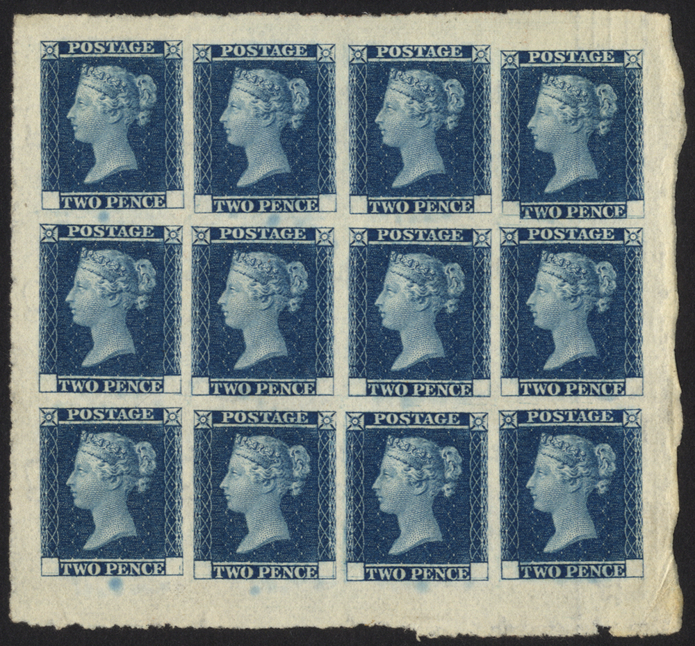 1841 2d blue, a fine small trial sheet of twelve without corner letters