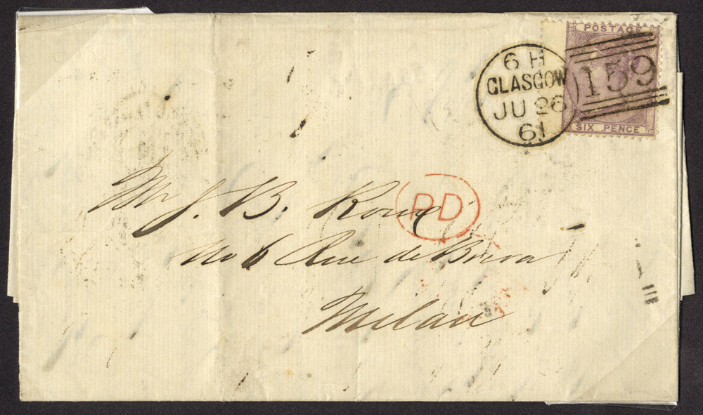 1861 cover from Glasgow to Milan franked 6d