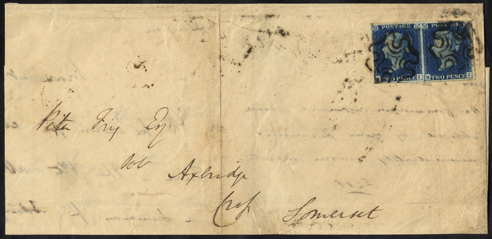 1841 July cover to Axbridge, Somerset franked horizontal pair of 2d blues