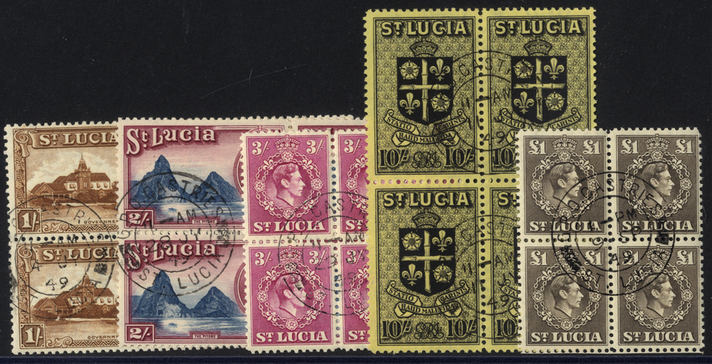 1938-48 1s brown (perf 12), 2s, 3s, 10s and £1 in blocks of 4