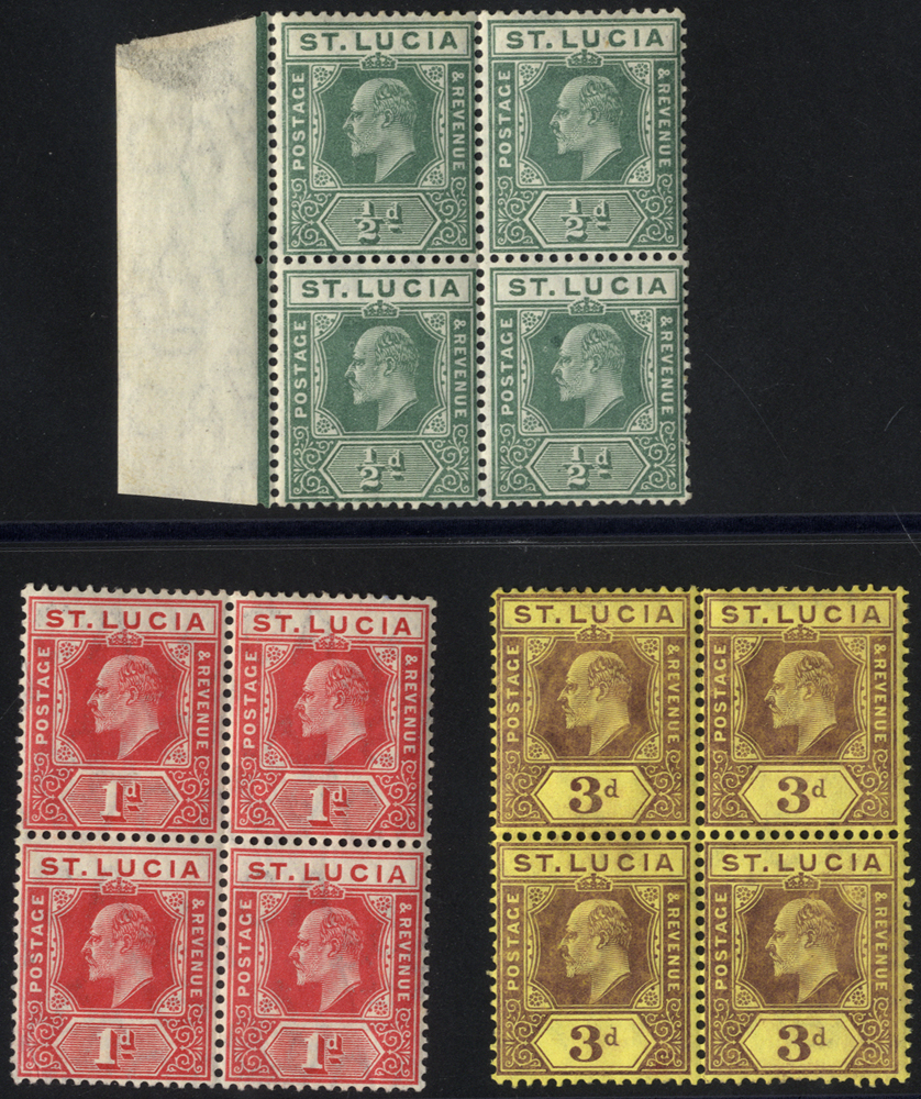 1904-10 wmk MCA ½d, 1d and 3d in blocks of four