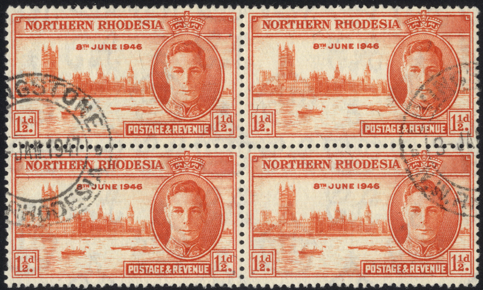 1946 Victory 1&frac12;d red-orange, perf 13&frac12;, block of 4