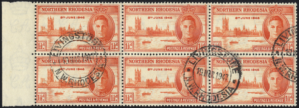 1946 Victory perf 13&frac12;, 1&frac12;d red-orange left marginal block of 6