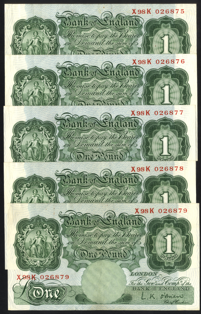1955 O'Brien £1 green x 5