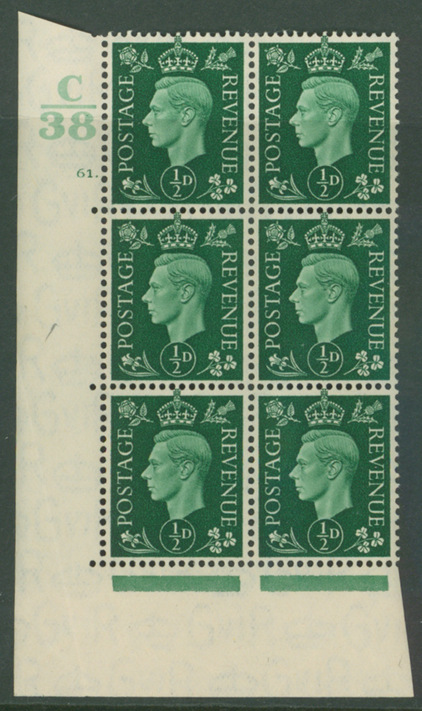 1937 ½d green SG.462 Control C/38 cyl. 61 dot block of six