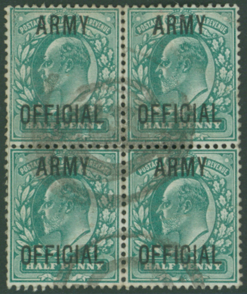 ARMY OFFICIAL 1902 ½d blue green FU block of four