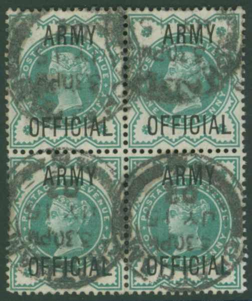 ARMY OFFICIALS 1896 ½d blue green VFU block of four