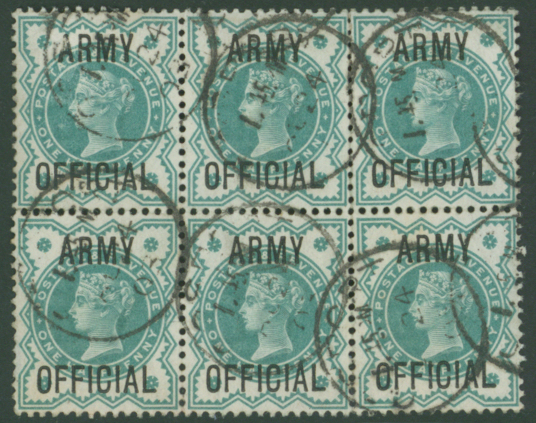 ARMY OFFICIALS 1896 ½d blue green VFU block of six