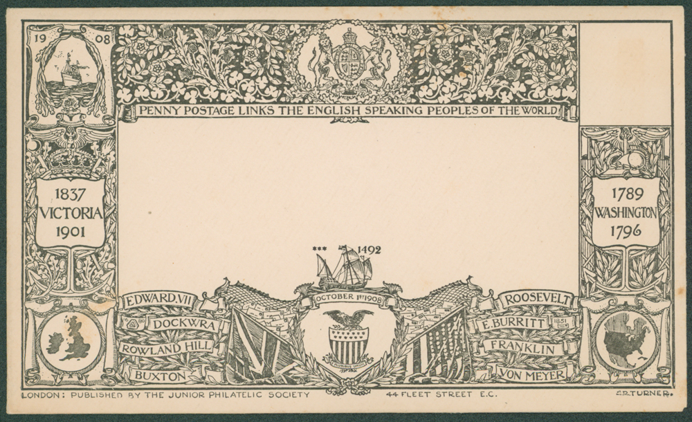 1908 'PENNY POSTAGE LINKS THE ENGLISH SPEAKING WORLD' published by the Junior Philatelic Soc