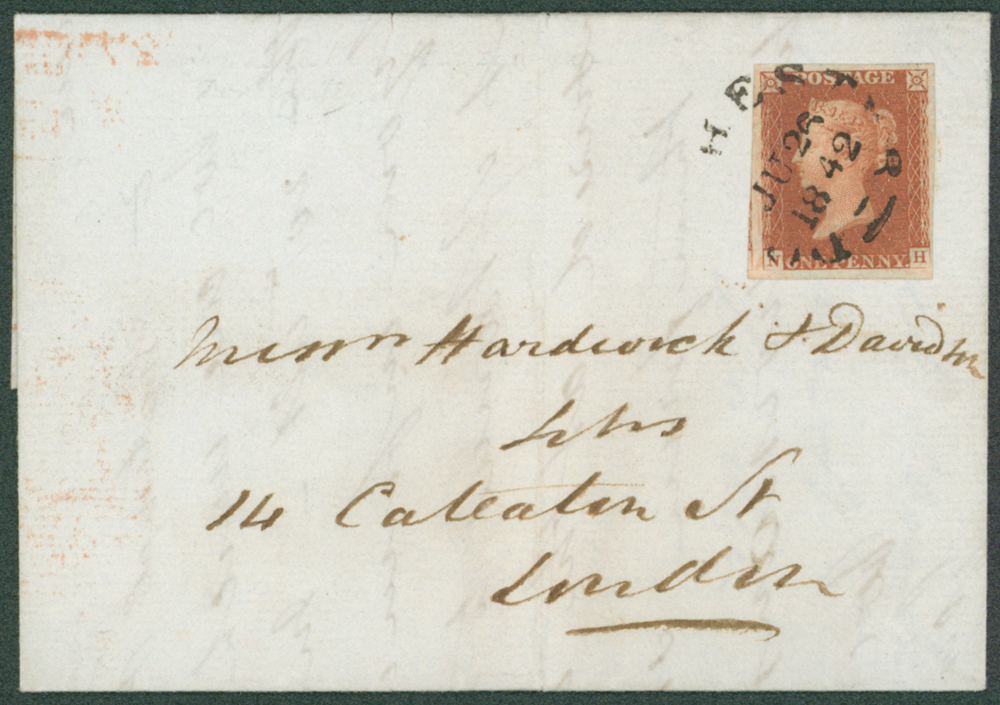 1842 June 25th cover from Dorchester to London franked 1d red brown NH